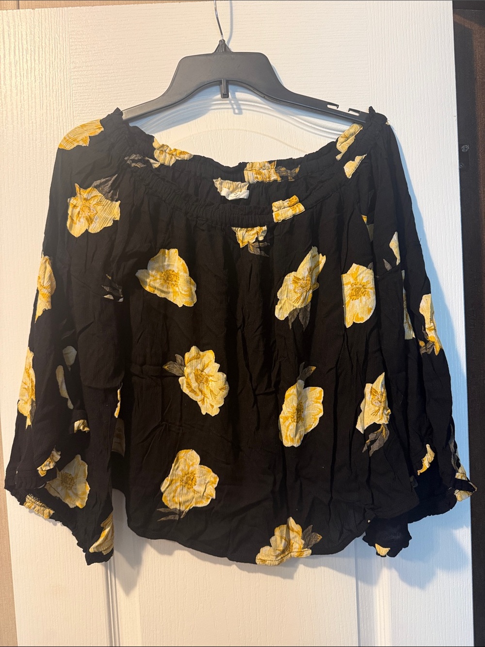 Maurices Black Off-Shoulder Blouse with Yellow Floral Print